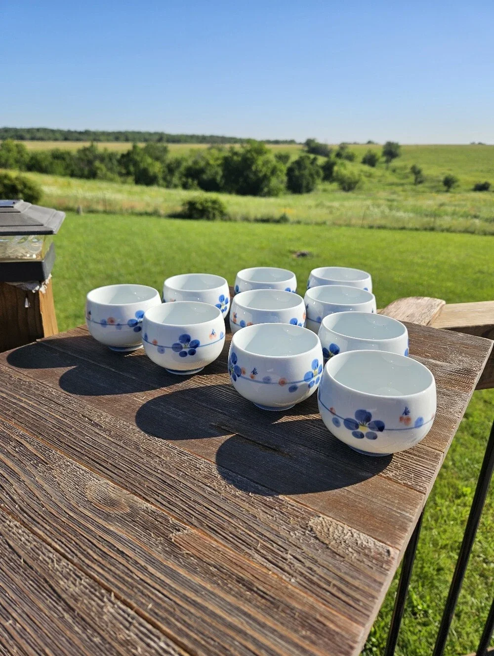 Set of 10 Vintage Japanese Arita Ware Yunomi Tea Cups Blue Floral White Porcelai